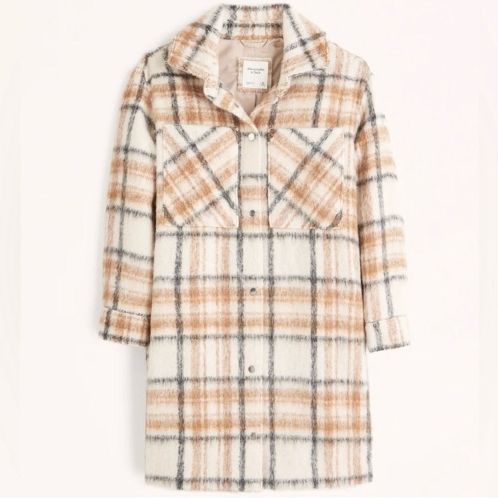 Abercrombie & Fitch Long-Length Wool-Blend Shirt Jacket (Cream Plaid)